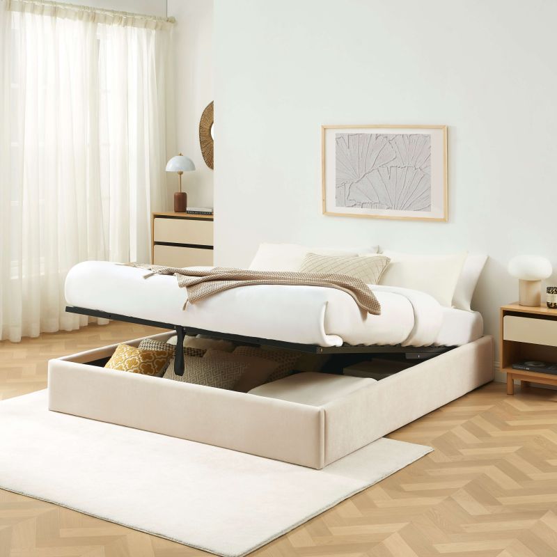 Lit coffre IVY en tissu beige 160 x 200 cm sommier inclus