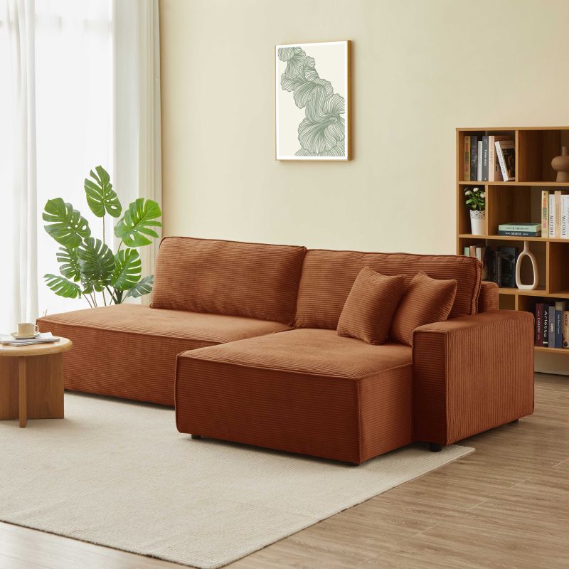 Canapé d'angle droit ouvert convertible ZOLA 4 places velours cotelé terracotta