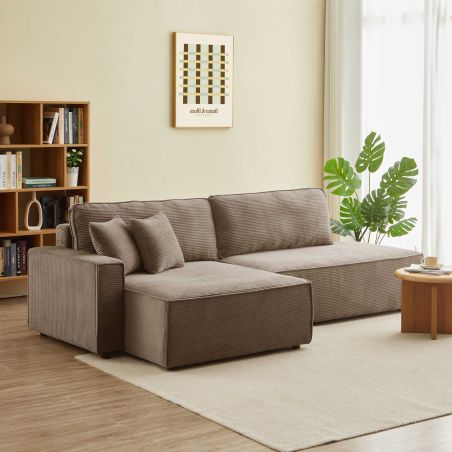 Canapé d'angle gauche ouvert convertible ZOLA 4 places velours cotelé taupe