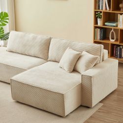 Canapé d'angle droit ouvert convertible ZOLA 4 places velours cotelé beige