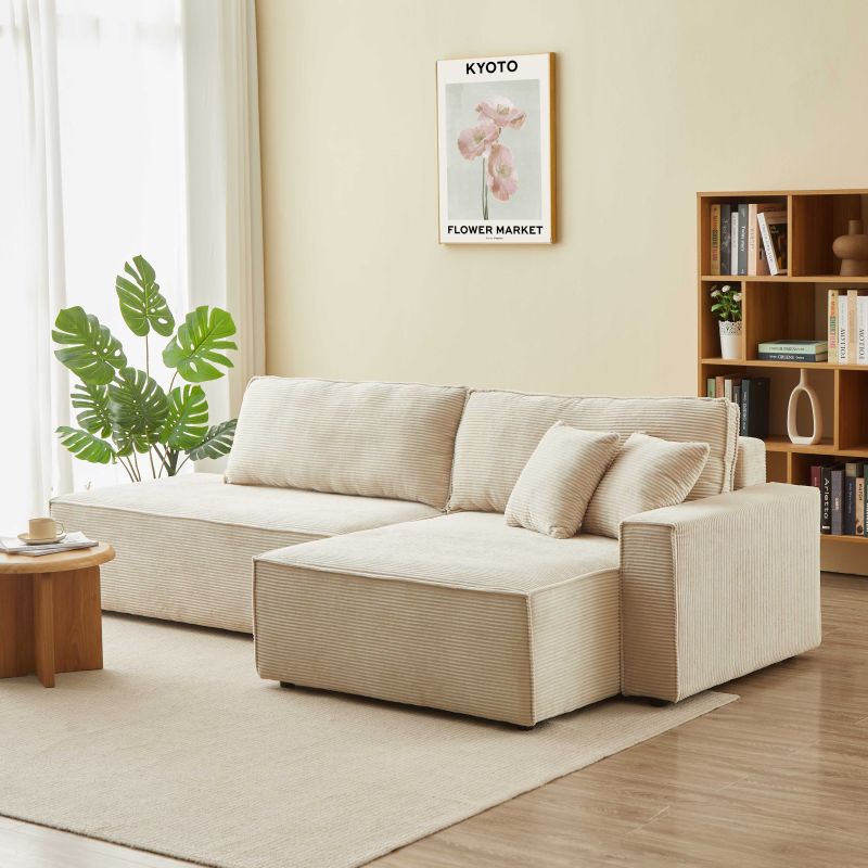 Canapé d'angle droit ouvert convertible ZOLA 4 places velours cotelé beige