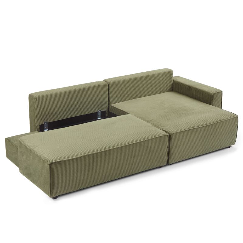 Canapé d'angle droit ouvert convertible ZOLA 4 places velours cotelé vert