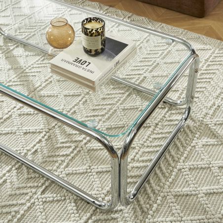 Table basse MAGGY verre trempé transparent et structure en chrome