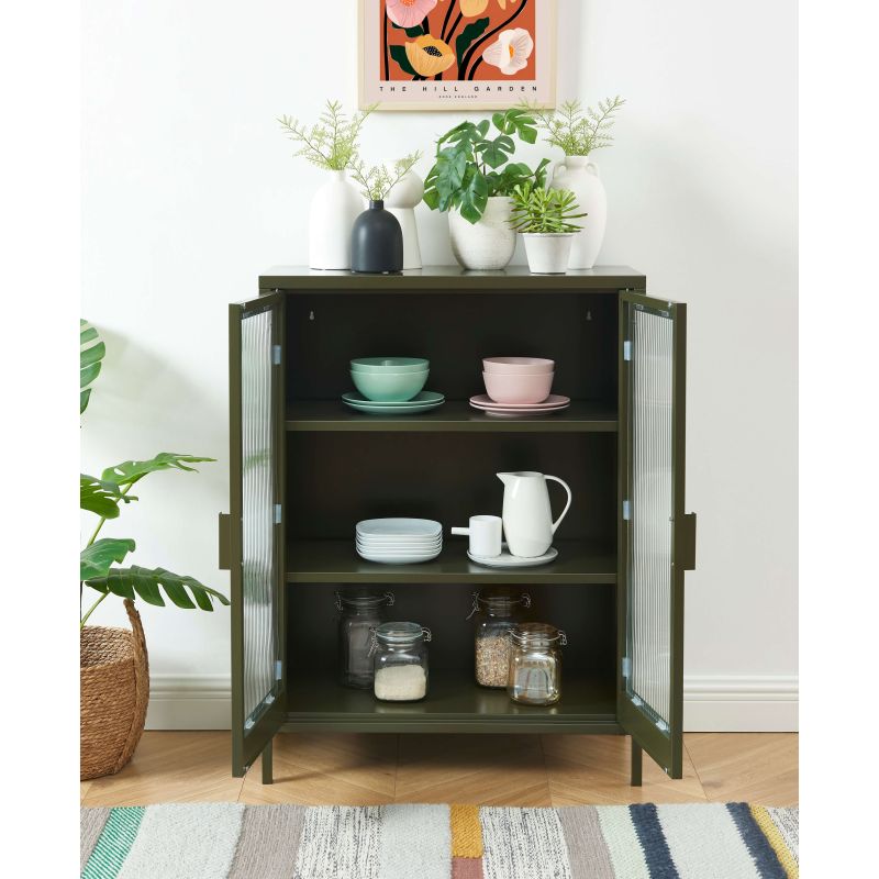 Buffet PANTONE vert olive foncé portes en verre cannelé 75cm