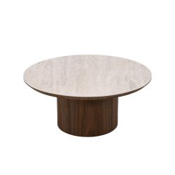 Table basse LOFA placage noyer et plateau céramique effet travertin 80cm