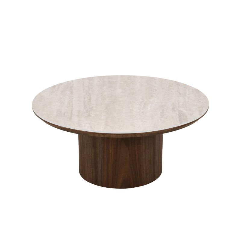 Table basse LOFA placage noyer et plateau céramique effet travertin 80cm