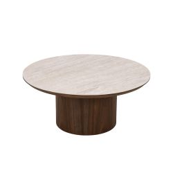 Table basse LOFA placage noyer et plateau céramique effet travertin 80cm