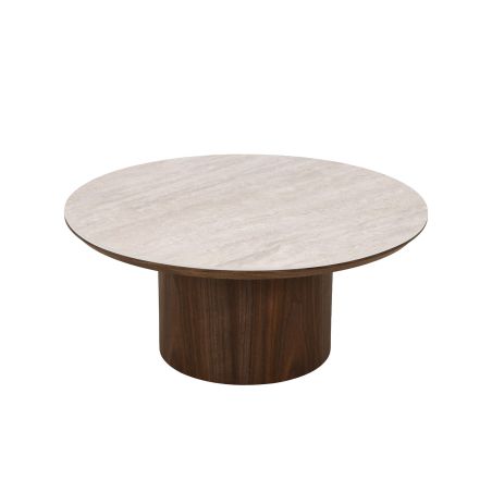 Table basse LOFA placage noyer et plateau céramique effet travertin 80cm