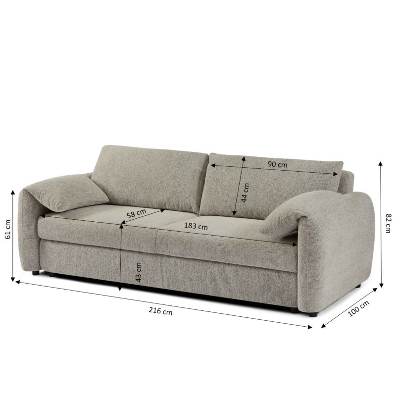 Canapé droit convertible ANGEA 3 places tissu chenille tramé taupe