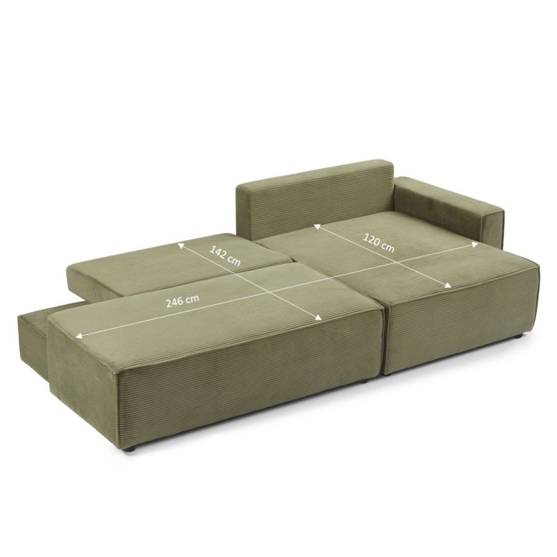 Canapé d'angle droit ouvert convertible ZOLA 4 places velours cotelé vert