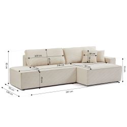 Canapé d'angle droit ouvert convertible ZOLA 4 places velours cotelé beige