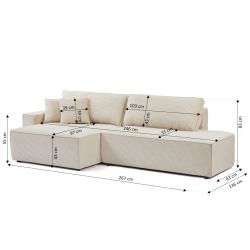 Canapé d'angle gauche ouvert convertible ZOLA 4 places velours cotelé beige