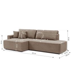 Canapé d'angle gauche ouvert convertible ZOLA 4 places velours cotelé taupe