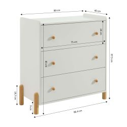 Commode enfant MONA 3 tiroirs blanc 86cm