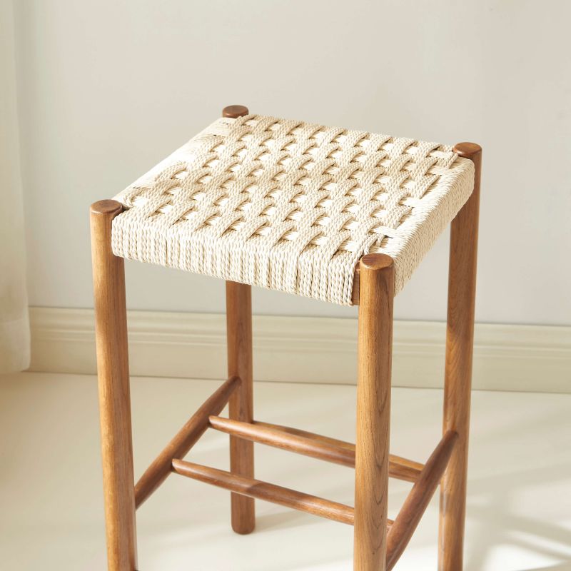 Lot de 2 tabourets ELLIO chêne massif couleur noyer et corde