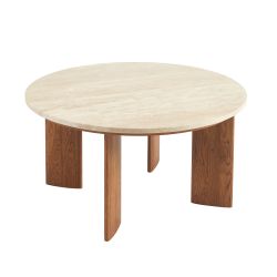 Table basse MOKU plateau travertin et pieds frêne massif couleur noyer