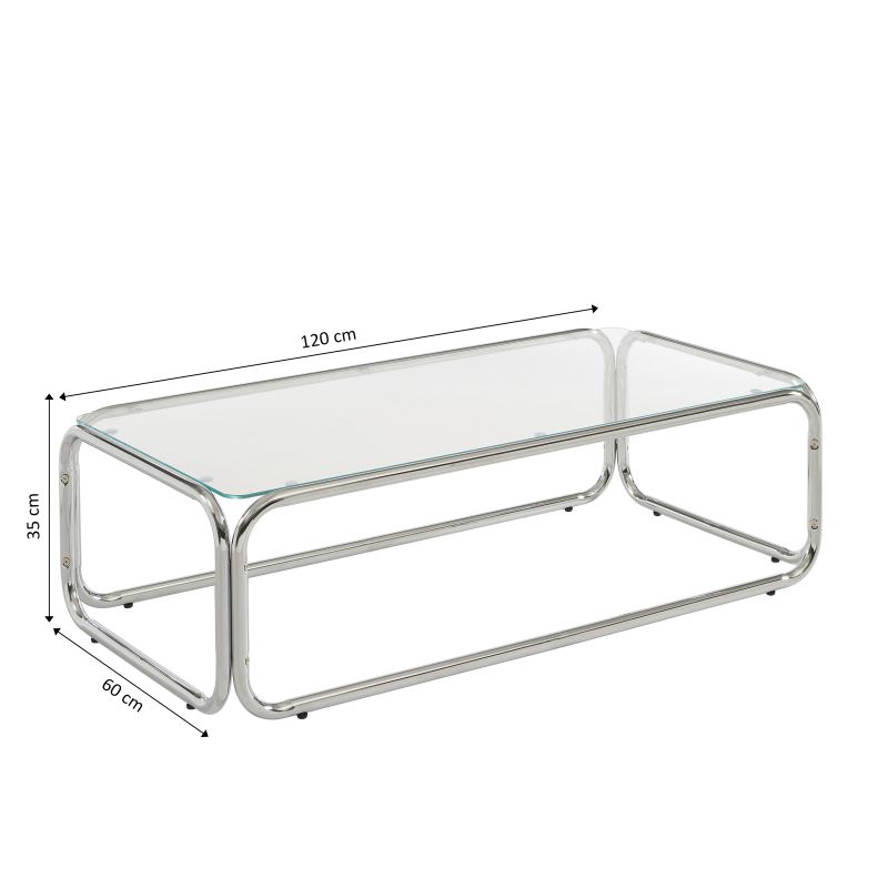 Table basse MAGGY verre trempé transparent et structure en chrome