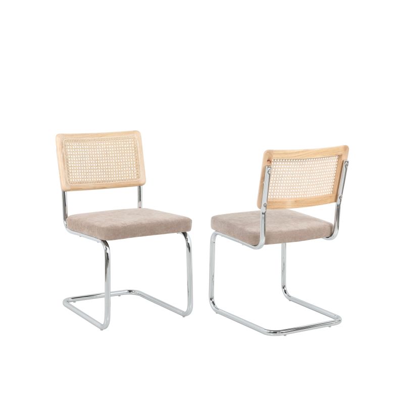 Lot de 2 chaises ELLA cannage et tissu marron pieds métal chromé