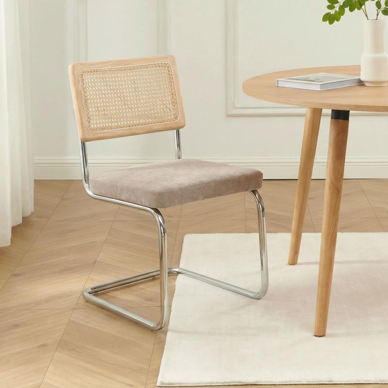 Lot de 2 chaises ELLA cannage et tissu marron pieds métal chromé