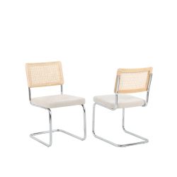 Lot de 2 chaises ELLA cannage et tissu écru pieds métal chromé