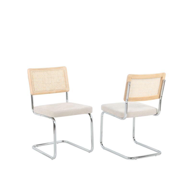 Lot de 2 chaises ELLA cannage et tissu écru pieds métal chromé