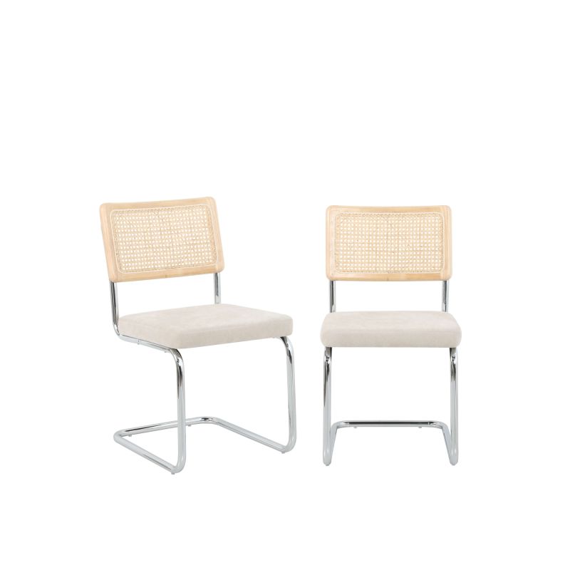 Lot de 2 chaises ELLA cannage et tissu écru pieds métal chromé
