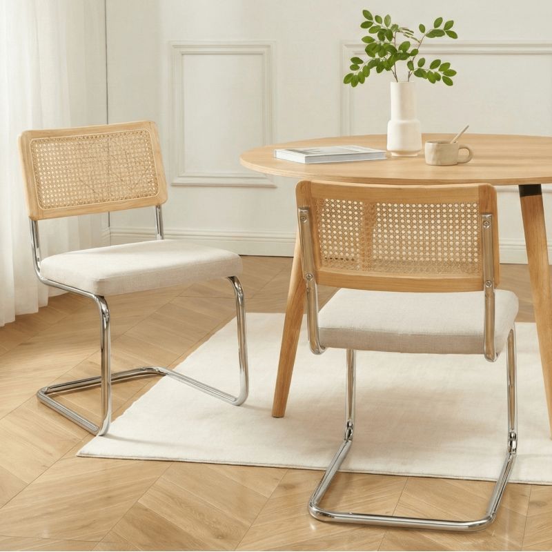 Lot de 2 chaises ELLA cannage et tissu écru pieds métal chromé