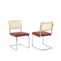 Lot de 2 chaises ELLA cannage et tissu bordeaux pieds métal chromé