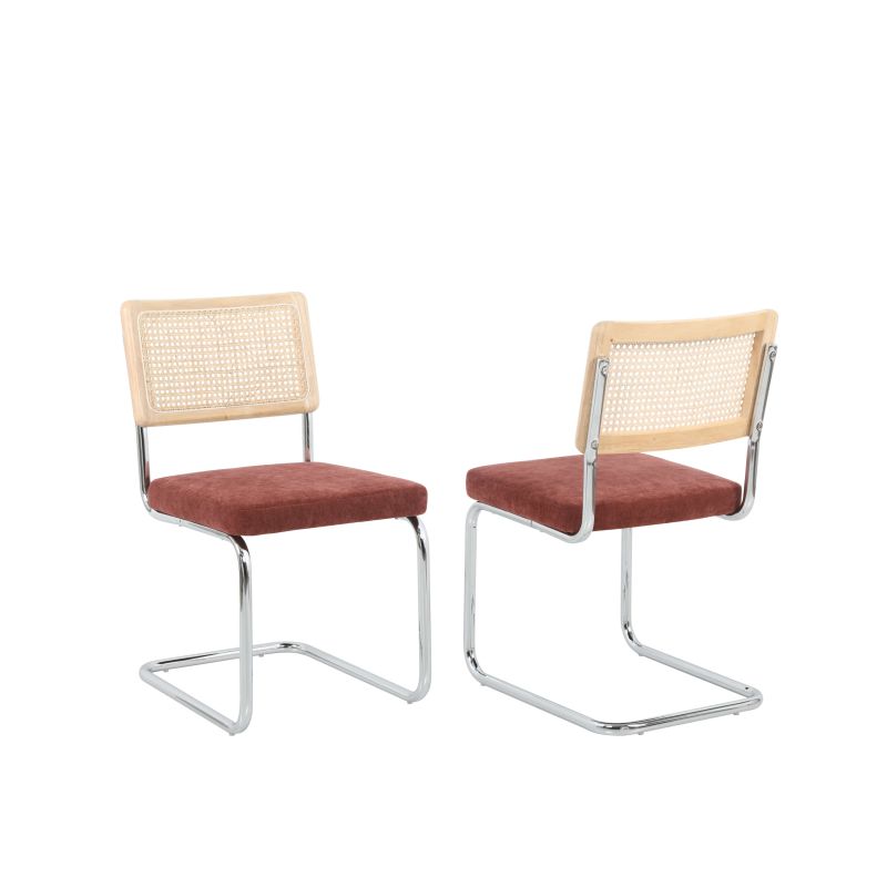 Lot de 2 chaises ELLA cannage et tissu bordeaux pieds métal chromé