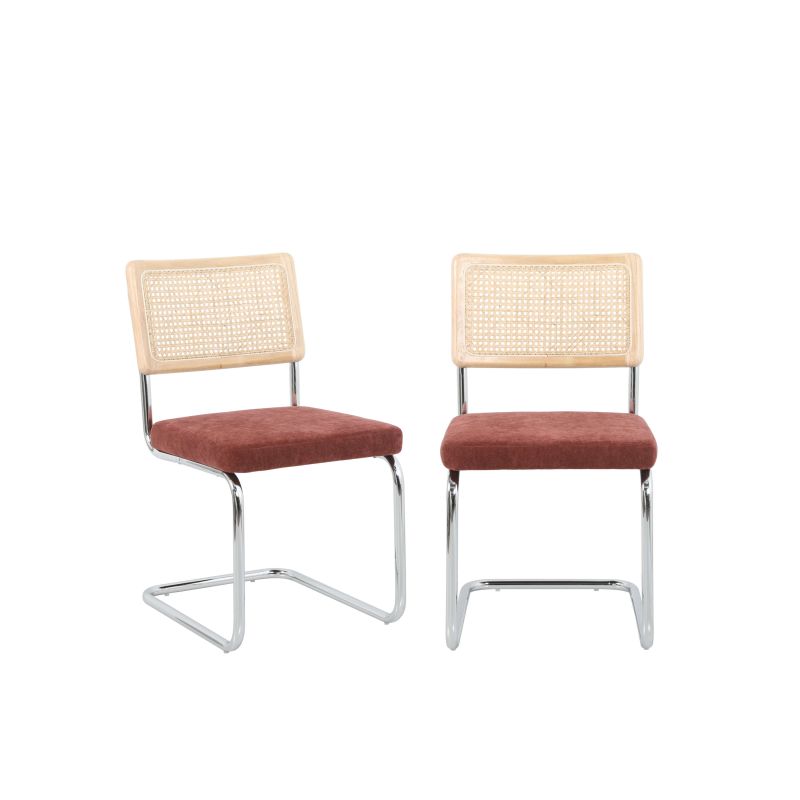 Lot de 2 chaises ELLA cannage et tissu bordeaux pieds métal chromé