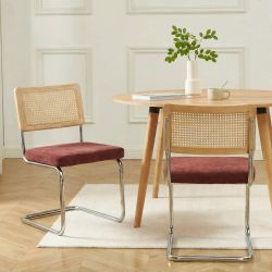 Lot de 2 chaises ELLA cannage et tissu bordeaux pieds métal chromé