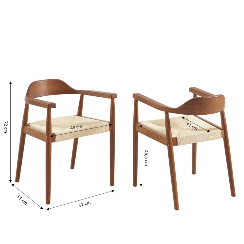 Lot de 2 chaises MARTIE chêne massif couleur noyer et corde