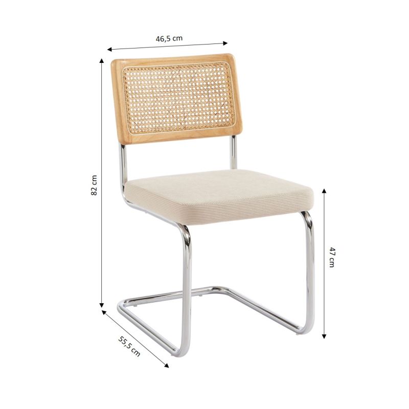 Lot de 2 chaises ELLA cannage et tissu écru pieds métal chromé