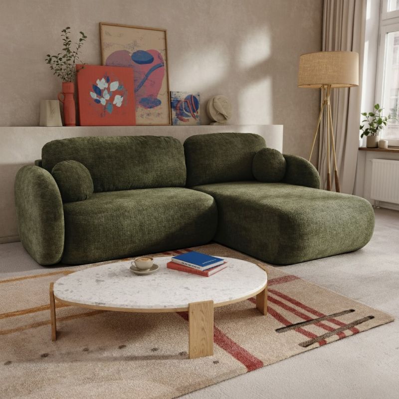 Canapé d'angle droit convertible CARLOTTA 4 places tissu chenille vert kaki