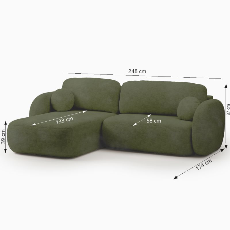 Canapé d'angle gauche convertible CARLOTTA 4 places tissu chenille vert kaki