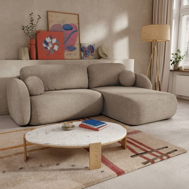 Canapé d'angle droit convertible CARLOTTA 4 places tissu bouclette taupe