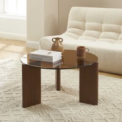 Table basse OLIE verre trempé caramel et placage noyer 75cm