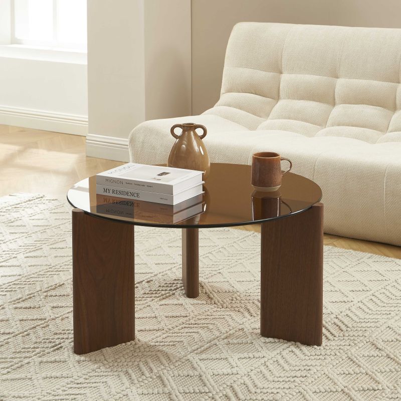 Table basse OLIE verre trempé caramel et placage noyer 75cm