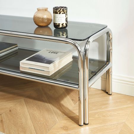 Meuble TV MAGGY verre trempé noir structure en chrome