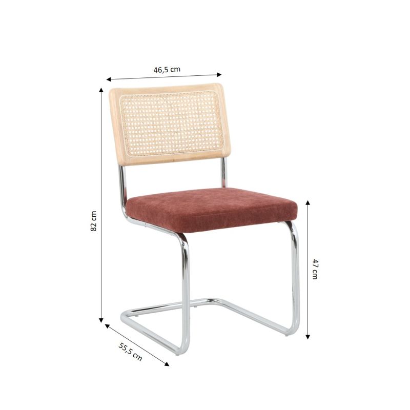 Lot de 2 chaises ELLA cannage et tissu bordeaux pieds métal chromé