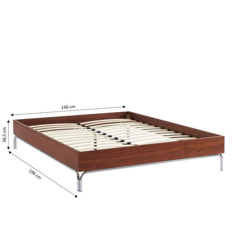Lit MAGGY 140x190 placage noyer et pieds métal chromé sommier inclus