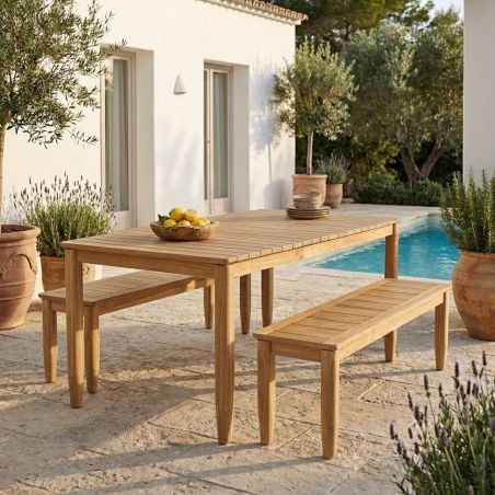 Ensemble table et bancs de jardin SAFARI 6 places en bois teck FSC