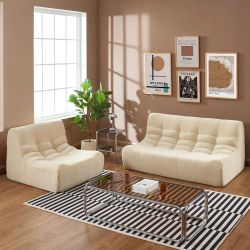Ensemble banquette et chauffeuse JANIS modulable 3 places velours beige
