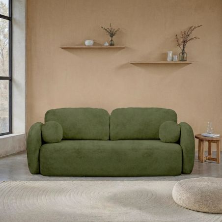 Canapé droit convertible CARLOTTA 3 places tissu chenille vert kaki