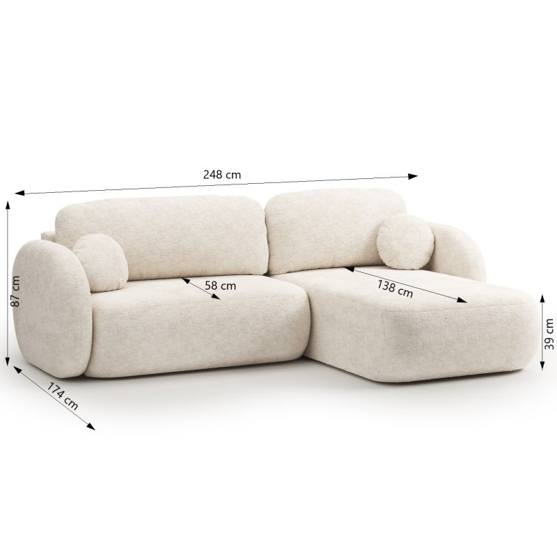 Canapé d'angle droit convertible CARLOTTA 4 places tissu chenille écru