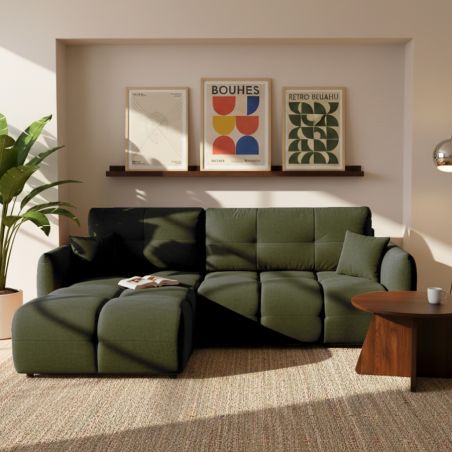 Canapé d'angle convertible et réversible COMO 4 places tissu chenille vert kaki