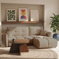 Canapé d'angle convertible et réversible COMO 4 places tissu chenille grège
