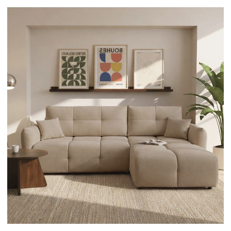 Canapé d'angle convertible et réversible COMO 4 places tissu chenille grège