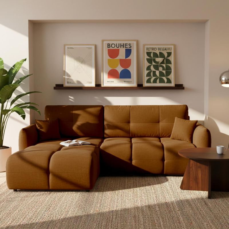 Canapé d'angle convertible et réversible COMO 4 places tissu chenille cognac