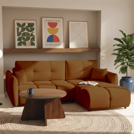 Canapé d'angle convertible et réversible COMO 4 places tissu chenille cognac